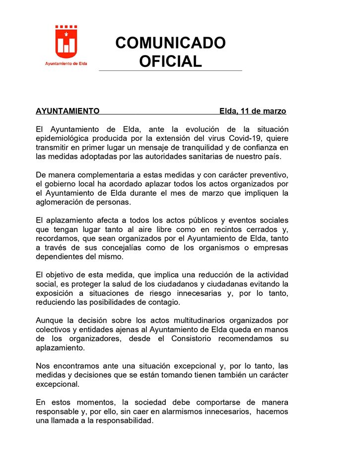 El Ayuntamiento de Elda aplaza todos sus actos y eventos públicos multitudinarios del mes de marzo