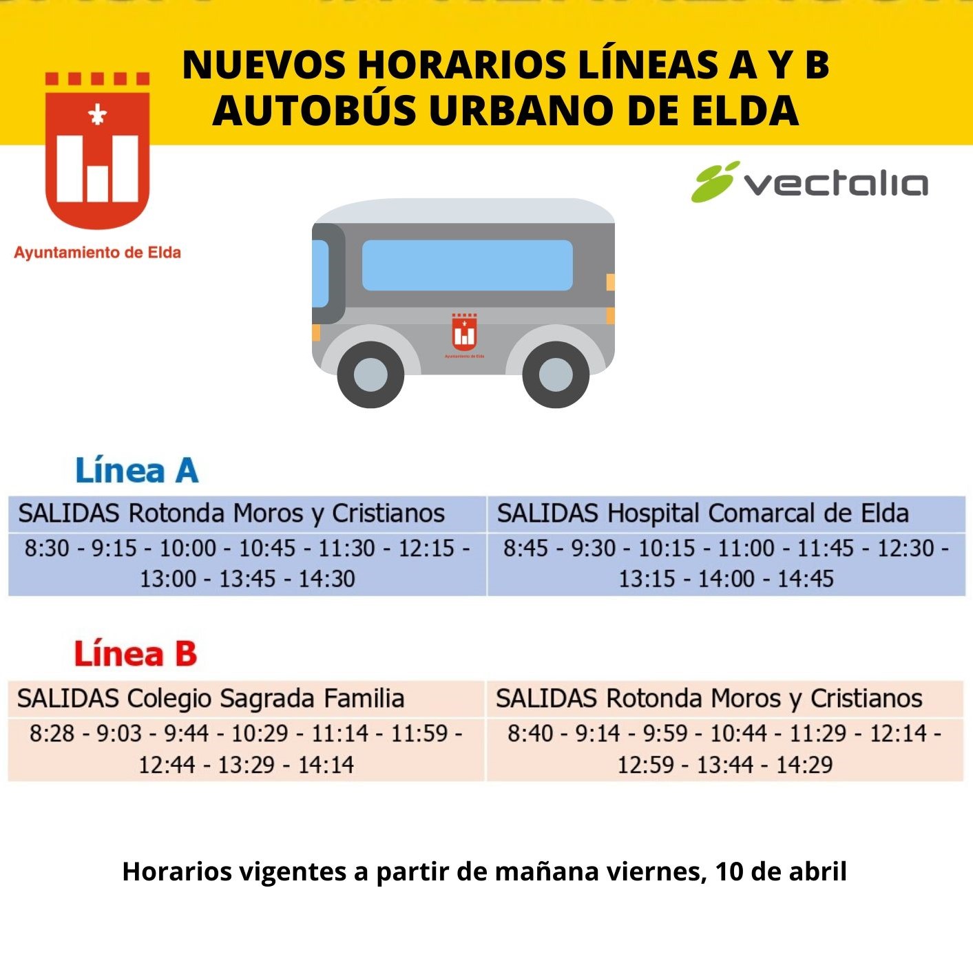 El Ayuntamiento de Elda y Vectalia mejoran a partir de mañana los horarios de las líneas A y B de transporte urbano