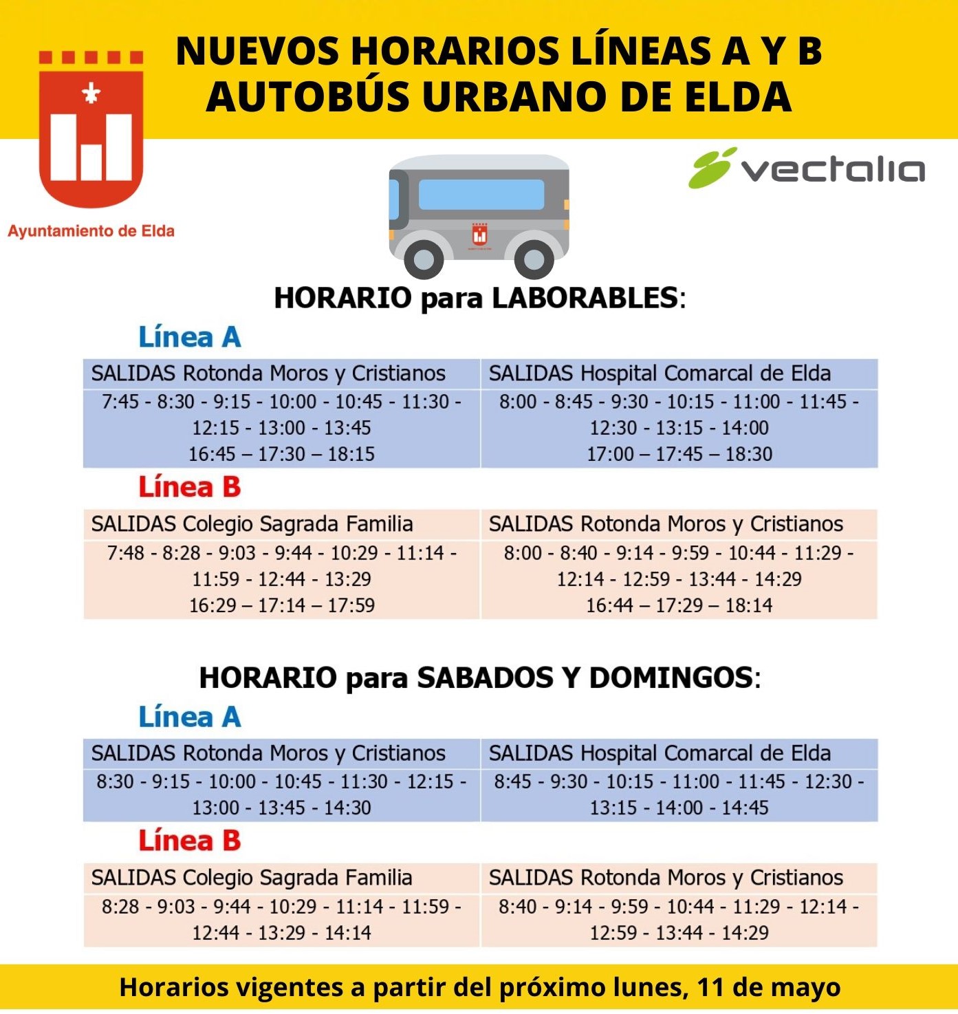El Ayuntamiento de Elda y Vectalia amplía a partir del próximo lunes los horarios de las líneas A y B de transporte urbano