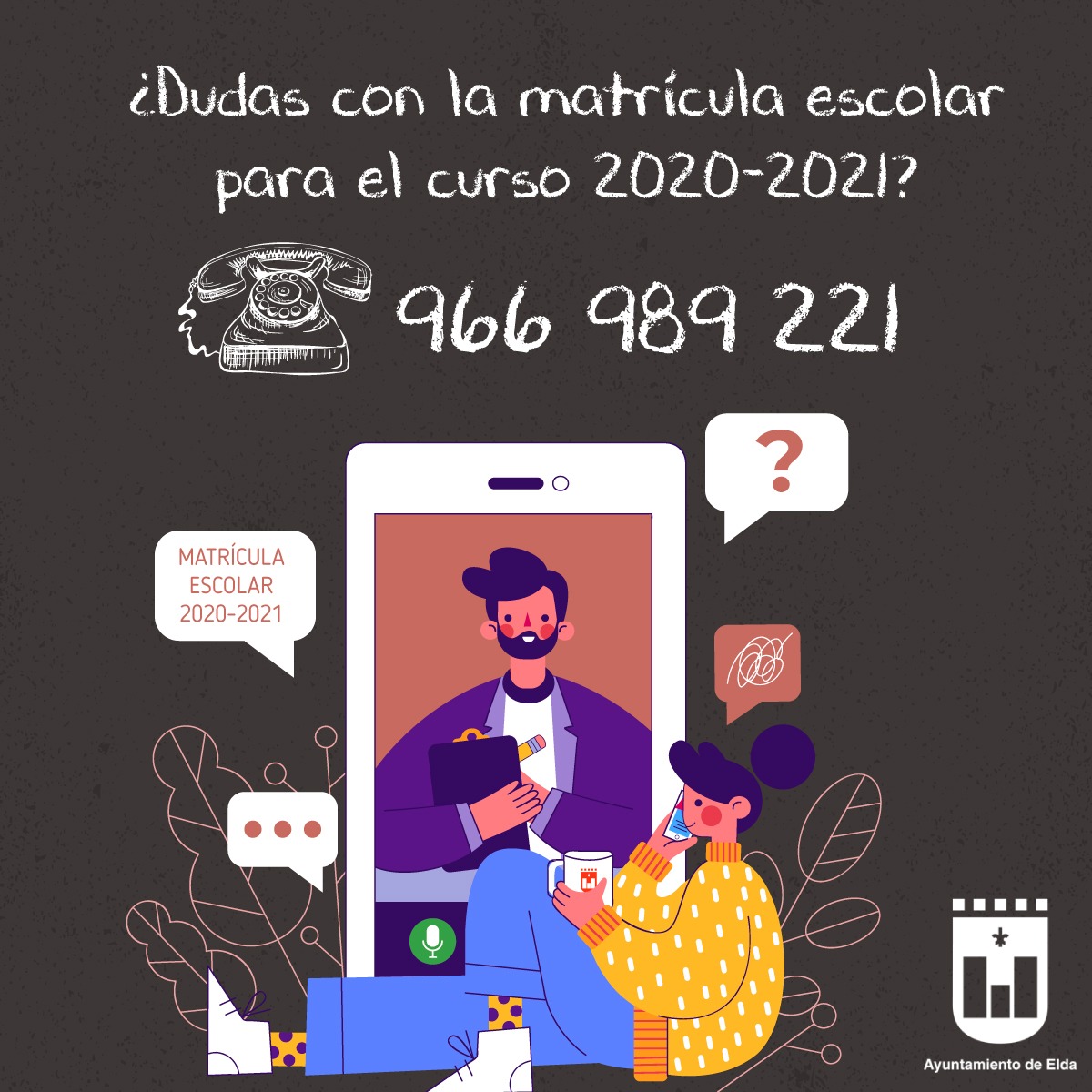 La Concejalía de Educación habilita un número de teléfono para aclarar dudas sobre la matriculación para el curso escolar 2020-21