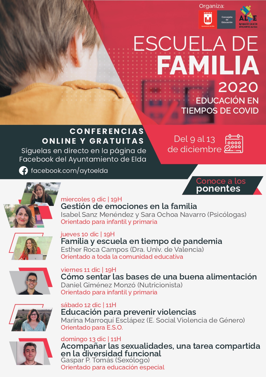 El Ayuntamiento de Elda organiza una Escuela de Familia para ayudar a los padres y madres a abordar la actual situación sanitaria y otros problemas relacionados con la educación