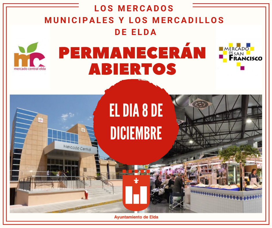 Los Mercados Municipales y los mercadillos de Elda abrirán el próximo martes 8 de diciembre en su horario habitual