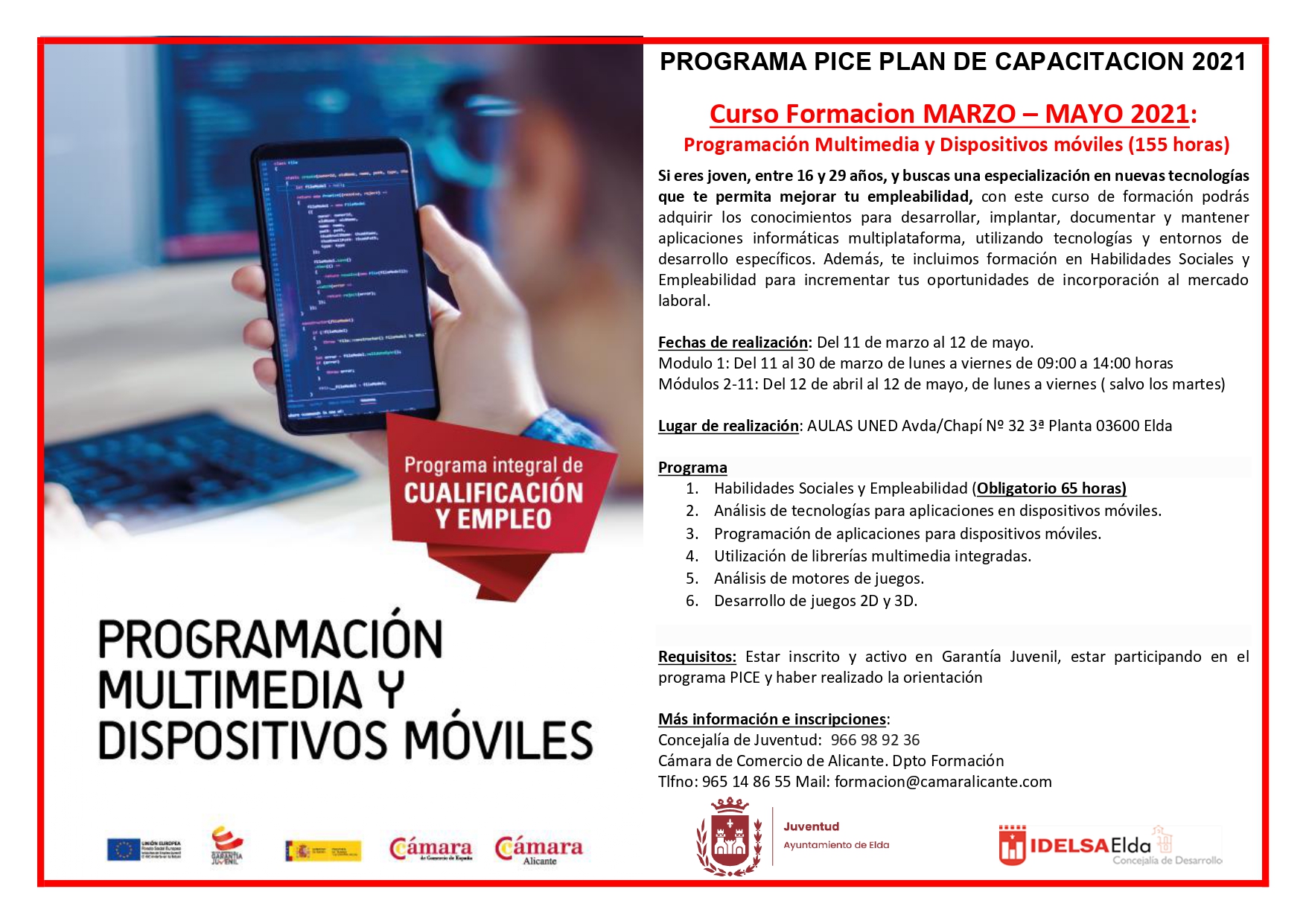 El Ayuntamiento de Elda ofrece el curso “Programación Multimedia y Dispositivos Móviles” destinado a jóvenes sin empleo