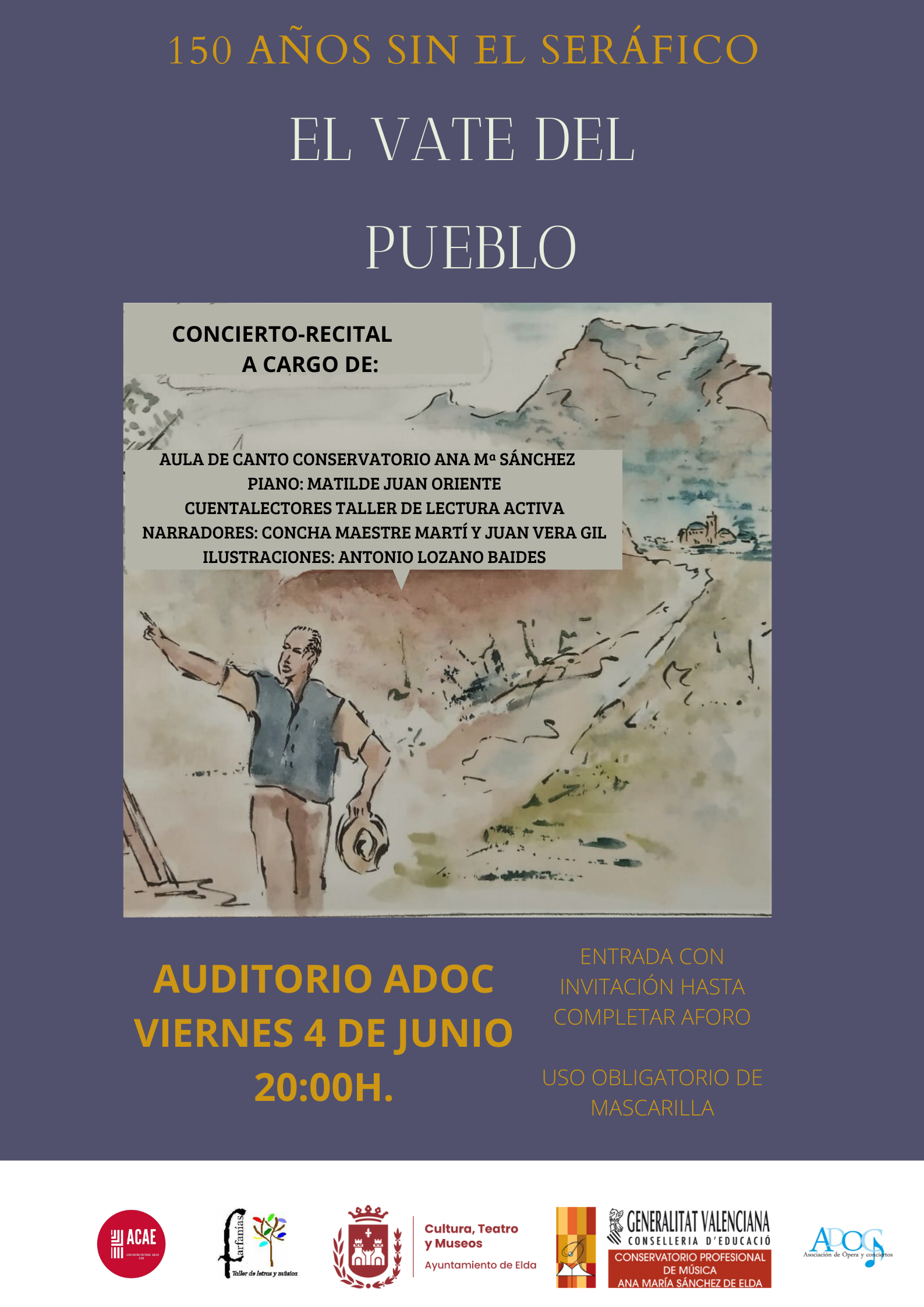 Elda rendirá homenaje a la vida y obra de El Seráfico en el 150 aniversario de su fallecimiento con un concierto-recital en el auditorio de ADOC