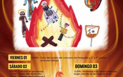 La junta gestora de las Fallas de Elda presenta el cartel anunciador del Medio Año Fallero, obra de una alumna del Colegio Santa María del Carmen
