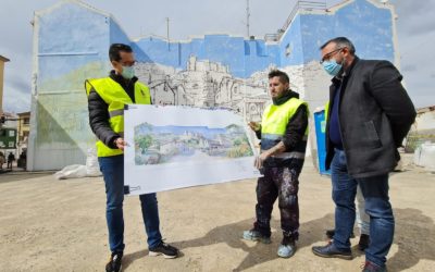 El mural de la Plaza de Arriba que recreará el esplendor del histórico enclave eldense en los siglos XVI y XVII comienza a coger forma