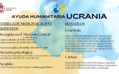 El Ayuntamiento de Elda coordina con la comunidad ucraniana de la ciudad y con las ONG locales la recogida de ayuda humanitaria y donativos y la creación de un registro de hogares eldenses para la acogida de refugiados