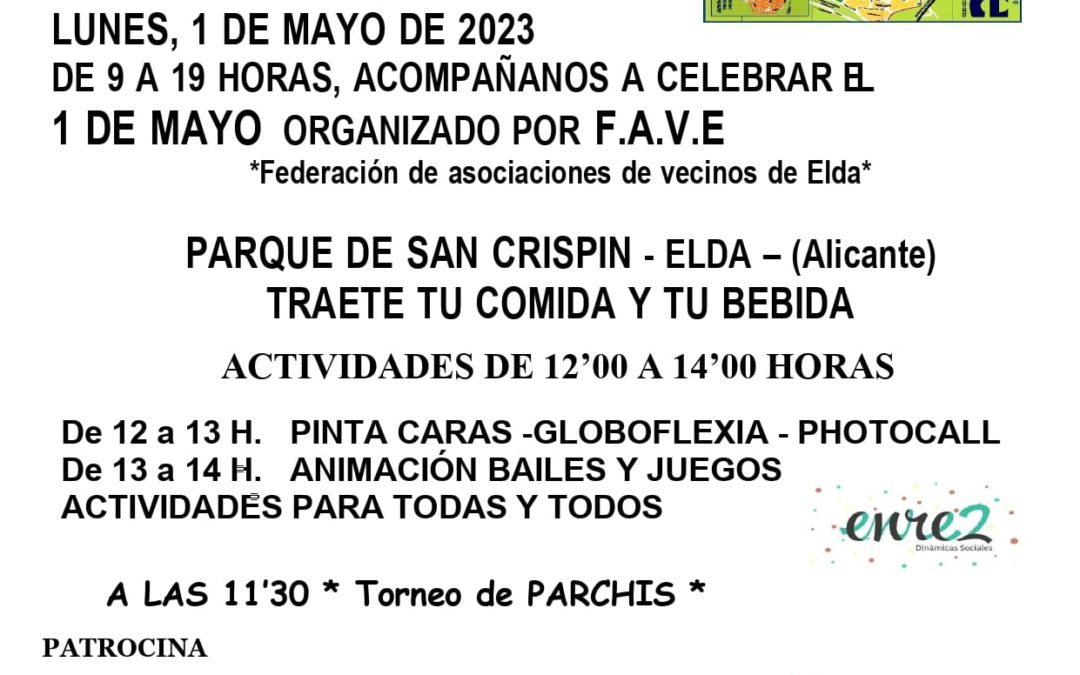 La FAVE y el Ayuntamiento de Elda organizan la tradicional convivencia vecinal con motivo del 1 de Mayo