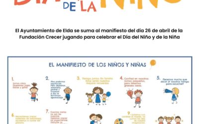 Elda se suma el miércoles 26 de abril a los actos del Día del Niño y de la Niña con la lectura del manifiesto de la Fundación Crecer Jugando