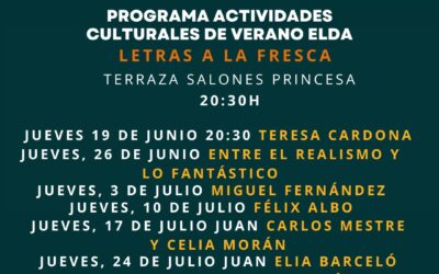 El Ayuntamiento de Elda impulsa una nueva edición del ciclo literario ‘Letras a la fresca’ dentro del programa cultural del Elda 40Gra2