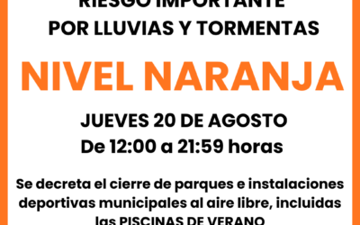 El Ayuntamiento de Elda decreta para mañana el cierre de parques e instalaciones deportivas al aire libre, incluidas las Piscinas de Verano, ante el aviso naranja por lluvias y tormentas